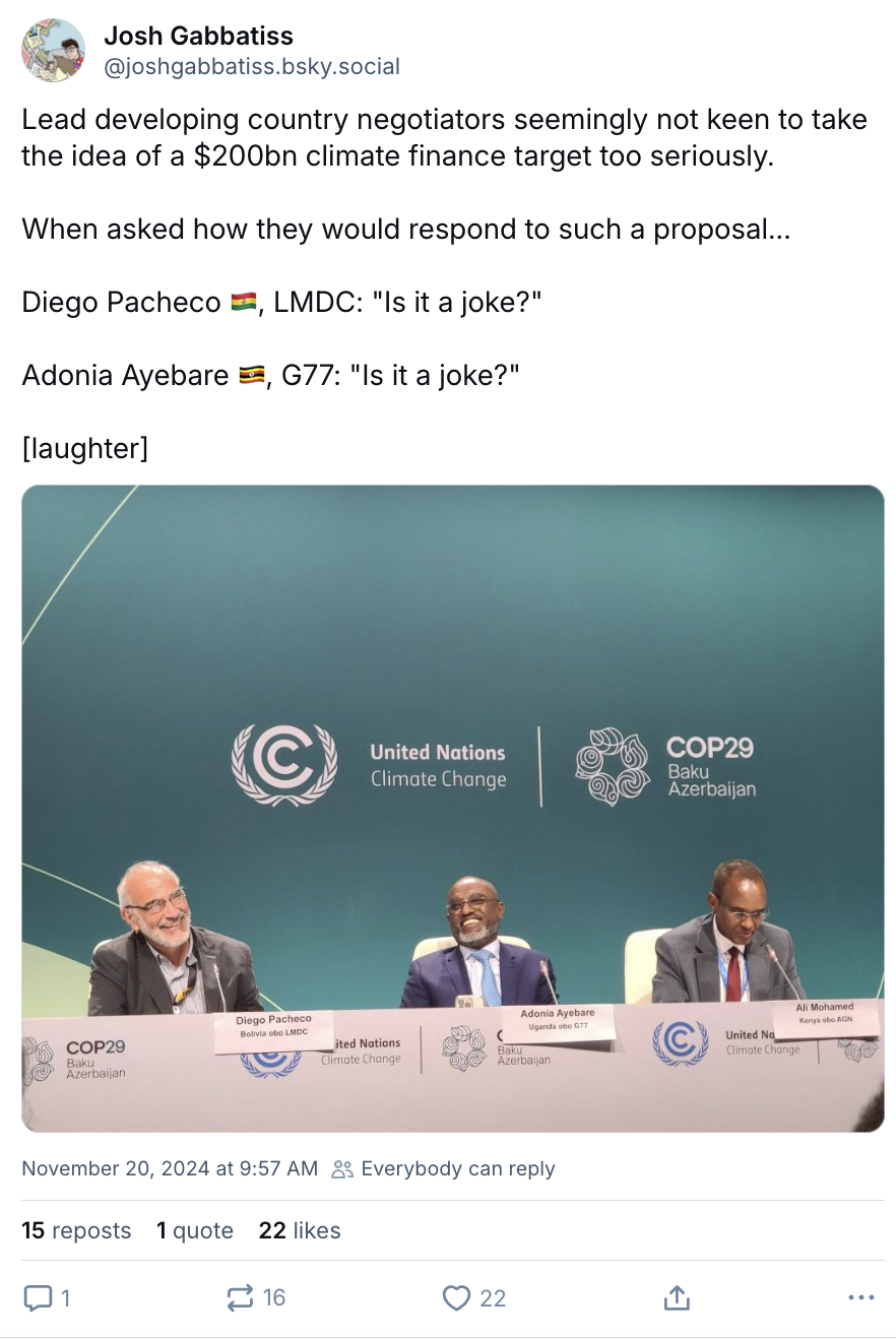 Josh Gabbatiss on X: Lead developing country negotiators seemingly not keen to take the idea of a $200bn climate finance target too seriously.